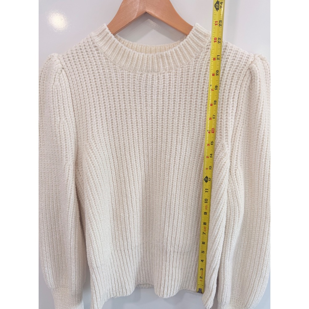 HM White Chenille Puff Sleeve Knit Sweater Ribbed Crewneck Cream S - Picture 8 of 9